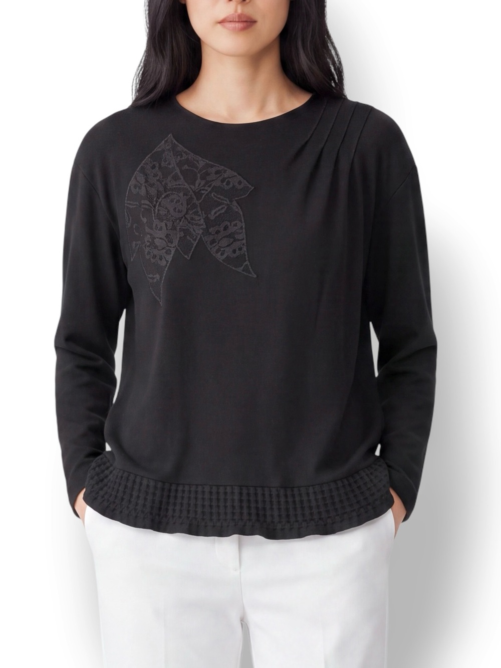 4/$20 Vintage Teddi Sport Black Lace Appliqué Waffle Hem Sweatshirt Small USA